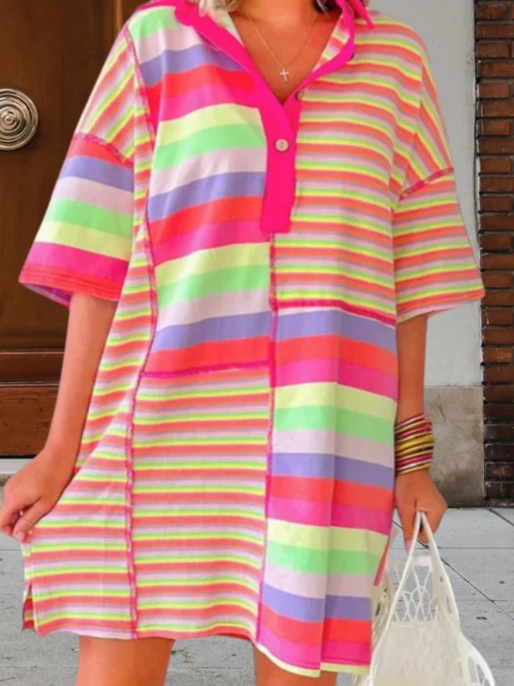 Neon Multi-Stripe Polo Dress - Bright Pink Accent